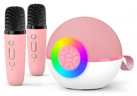 Smart Gadgets & Gaming - Mini Karaoke goBERA® pentru Copii și Familie, Difuzor Bluetooth cu 2 Microfoane Wireless, Lumini LED, Efecte Voce, Autonomie 4–6h