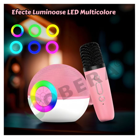 Mini Karaoke goBERA® pentru Copii și Familie, Difuzor Bluetooth cu 2 Microfoane Wireless, Lumini LED, Efecte Voce, Autonomie 4–6h [3]