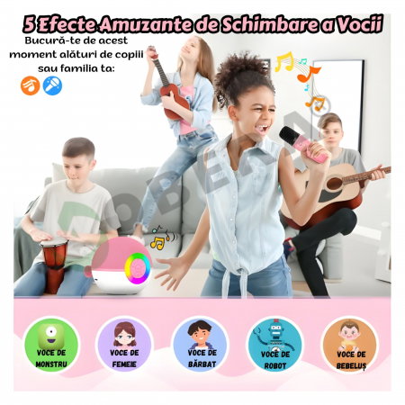 Mini Karaoke goBERA® pentru Copii și Familie, Difuzor Bluetooth cu 2 Microfoane Wireless, Lumini LED, Efecte Voce, Autonomie 4–6h [6]