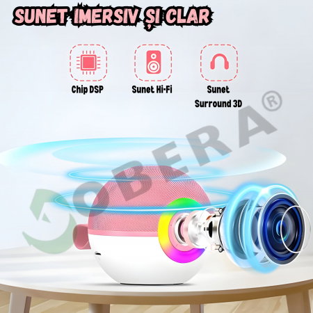 Mini Karaoke goBERA® pentru Copii și Familie, Difuzor Bluetooth cu 2 Microfoane Wireless, Lumini LED, Efecte Voce, Autonomie 4–6h [4]