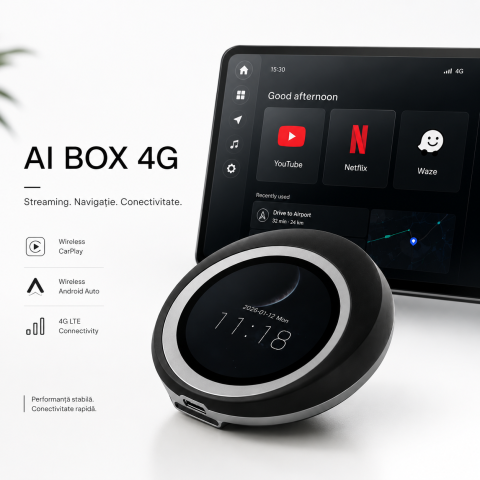 AI Box Android 14 cu Wireless CarPlay & Android Auto, HDMI pentru ecran extern, Touchscreen Control, Qualcomm QCM6125 Octa-Core, 8GB RAM + 128GB ROM