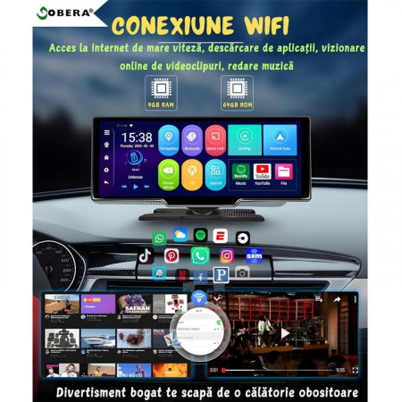 Navigație Auto Portabilă 10.26", Wireless Apple CarPlay & Android Auto, Android 13, 4GB RAM + 64GB ROM, Ecran IPS Full Touch, Cameră Față 1080P + Cameră Marșarier AHD 1080P, Bluetooth 5.1, Wi-Fi, GPS [7]