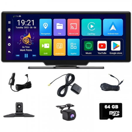 Navigație Auto Portabilă 10.26", Wireless Apple CarPlay & Android Auto, Android 13, 4GB RAM + 64GB ROM, Ecran IPS Full Touch, Cameră Față 1080P + Cameră Marșarier AHD 1080P, Bluetooth 5.1, Wi-Fi, GPS [1]