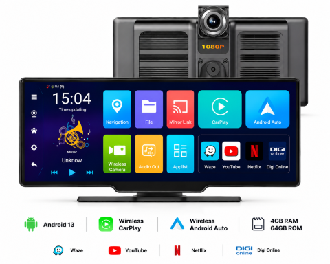 Oferte Speciale - Navigație Auto Portabilă 10.26", Wireless Apple CarPlay & Android Auto, Android 13, 4GB RAM + 64GB ROM, Ecran IPS Full Touch, Cameră Față 1080P + Cameră Marșarier AHD 1080P, Bluetooth 5.1, Wi-Fi, GPS