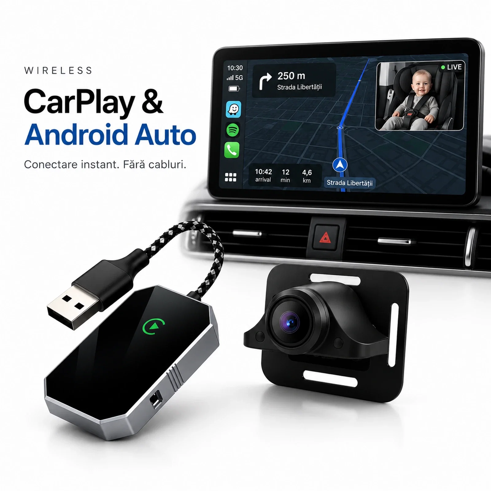 Adaptoare Wireless CarPlay & Android Auto - Smart Car Monitor goBERA® – Wireless CarPlay & Android Auto cu Monitorizare Live pentru Copii, Animale și Pasageri