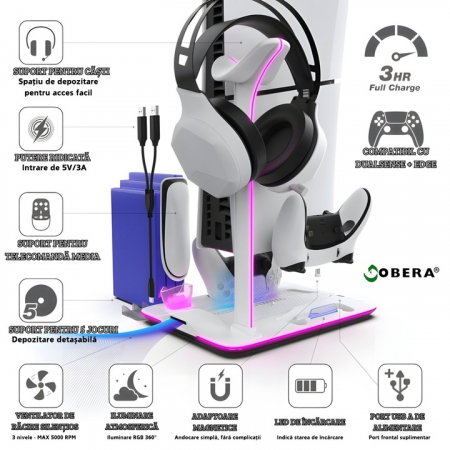 Suport Vertical PS5 Slim & PS5 Pro cu Răcire 3 Ventilatoare, Încărcare 2 Controlere și RGB [3]