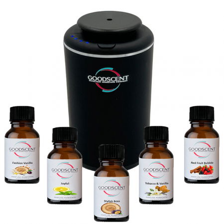 Aparate / Dispozitive Parfumare - PACHET: Aparat profesional parfumare Good Scent Aroma Car Diffuser, cu baterie interna, negru  si 5 rezerve incluse