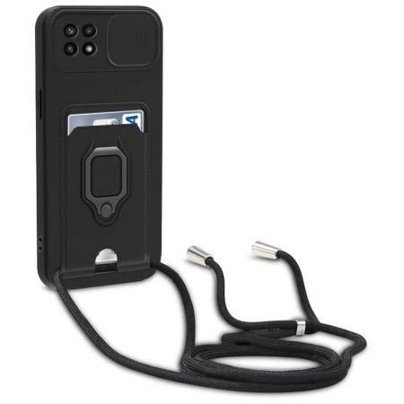 Husa pentru Samsung Galaxy A71 4G cu Protectie Camere, Snur, Inel si Slot pentru card - Negru