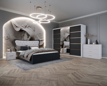 Mobila Dormitor - Dormitor Vista Tapitat Alb&Gri Antracit Dressing 3 usi cu Oglinda 250x200