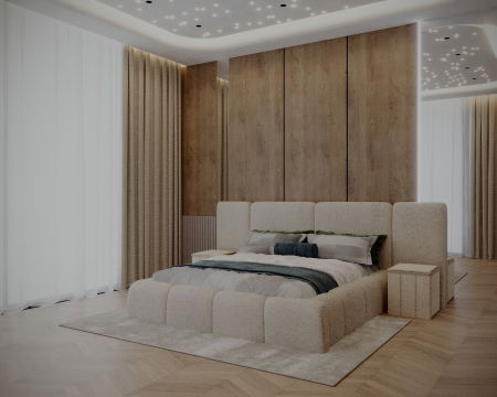 Paturi Tapitate - SET Pat ROYAL  cu 2 noptiere tapitate, Saltea inclusa, calitate superioara ✔