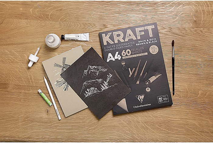 CF BLOC DESEN A3 60F 90GR/m2, hartie bicolor KRAFT Brun et Noir, double f CLAIREFONTAINE 975819C [2]