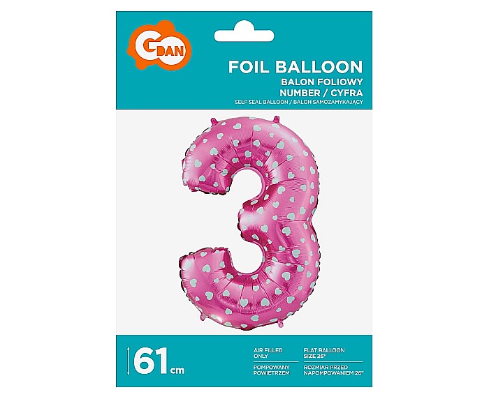 GOD BALON FOLIE ALUMINIU digit 3, 61cm, pink with hearts HS-C26R3 [2]