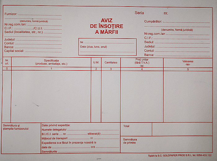 AVIZ INSOTIRE A MARFII, A5 3 EXEMPLARE, AUTOCOPIATIV [3]