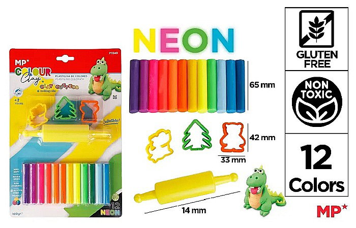 PLASTILINA IPB 12 CULORI NEON + 4 INSTRUMENTE MODELAJ, GLUTEN FREE PY049 [1]