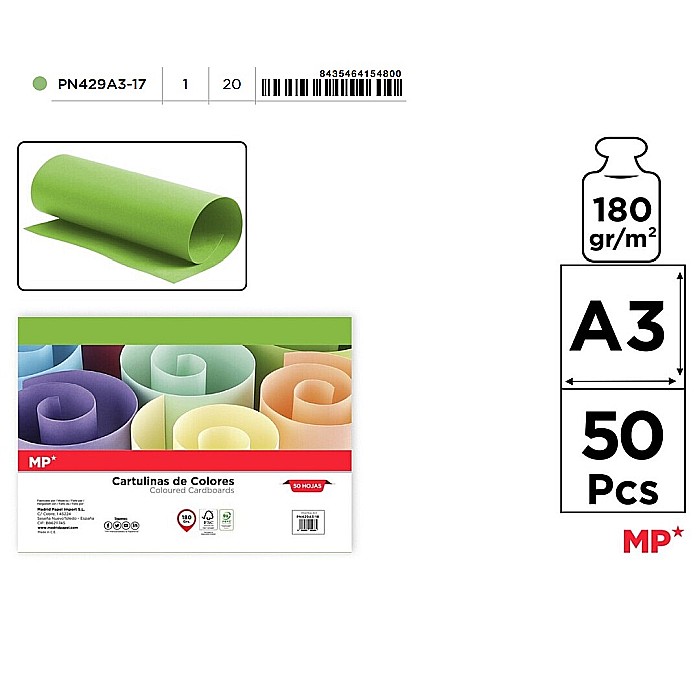 CARTON COLOR IPB A3 180GR 50/SET VERDE FISTIC PN429A3-17 [1]