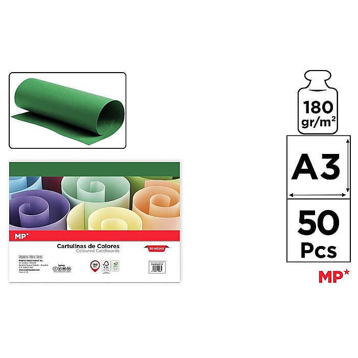 CARTON COLOR IPB A3 180GR 50/SET VERDE INTENS PN429A3-19 [1]