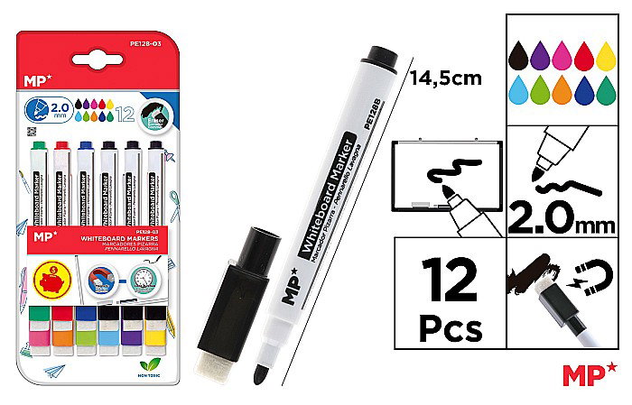 MARKER WHITEBOARD IPB 12 markere whiteboard, cu burete de sters, capac magnetic, PE128-03 [1]
