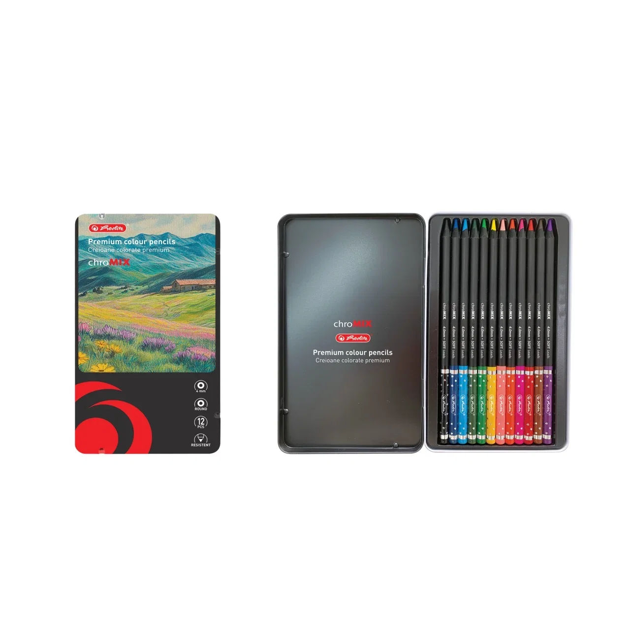 Creioane Colorate Rotunde Herlitz Corp Negru 4mm 12/Set Cutie Metal 9498240 [1]