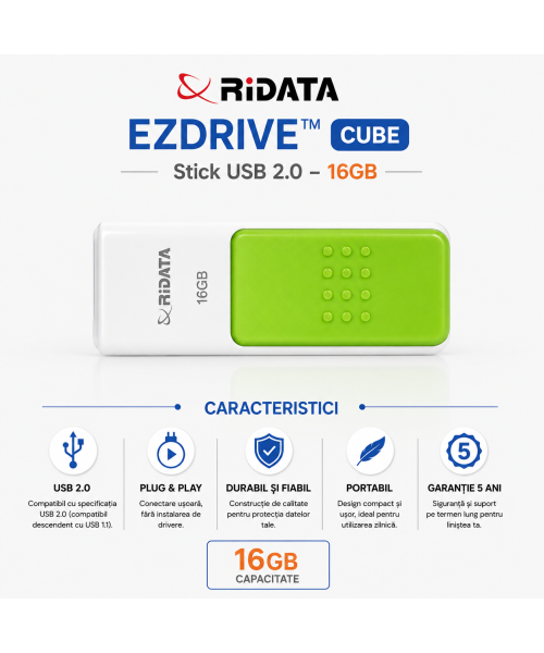 Stick USB 2.0 RiDATA EZDrive Cube 16GB Alb-Verde 94923 [2]