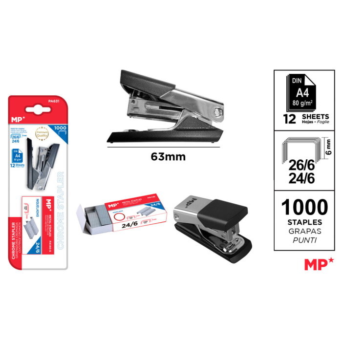 Set Mini Capsator + 1000 Capse 24/6 MP PA631 - Cromat/Negru 63mm [1]