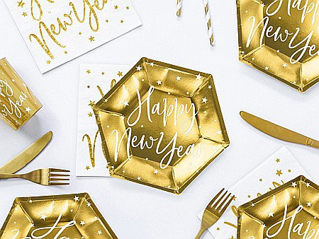 Farfurii/ Pahare/ Servetele/ Paie/ Tacamuri/ Fete masa - PD FARFURII CARTON Happy New Year, gold, 20cm 6/SET TPP64-019M
