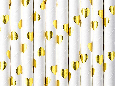 Farfurii/ Pahare/ Servetele/ Paie/ Tacamuri/ Fete masa - PD PAIE DIN HARTIE PENTRU BAUTURI hearts gold, 19.5cm 10/set SPP7M-019