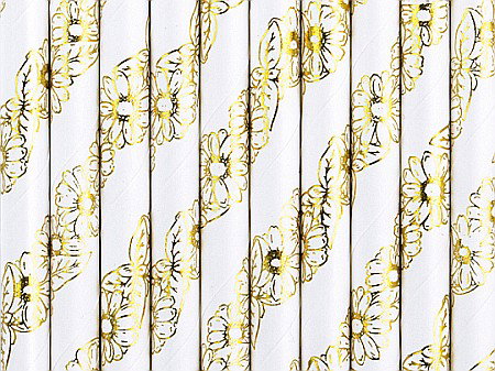 Farfurii/ Pahare/ Servetele/ Paie/ Tacamuri/ Fete masa - PD PAIE DIN HARTIE PENTRU BAUTURI metallic gold daisies, 19.5cm 10/set SPP14M-019
