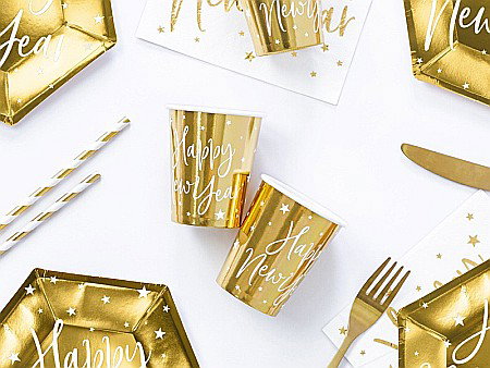 Farfurii/ Pahare/ Servetele/ Paie/ Tacamuri/ Fete masa - PD PAHAR CARTON Happy New Year, gold, 220ml 6/SET  KPP64-019M-EU1