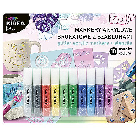 FINE ARTS&GRAPHICS - DE MARKERE CU VOPSEA ACRILICA 10 CULORI GLITTER + SABLOANE KIDEA MAB10KSKA