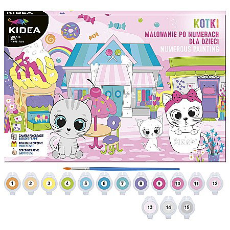 Pictura pe numere - DE SET PICTURA PE NUMERE PISICUTE 30*27CM, 15 CULORI + PENSULA KIDEA OMNKKA