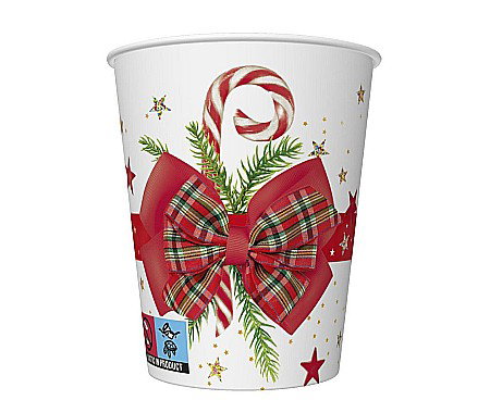 Servetele/ Farfurii/ Pahare/ Paie Craciun - GOD PAHARE CARTON Checked Bow with Candy Cane, 250ml, 8/set KD01_GW_022001