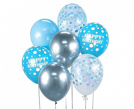 Baloane latex - GOD BALOANE Balloon Bouquet B&C, 30cm, Happy Birthday, silver and blue 7/set BB-SNH7