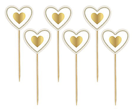 ARTICOLE PARTY - GOD DECORATIUNI DIN LEMN PENTRU BRIOSE Picks Gold Heart, 6/set RV-PZLS