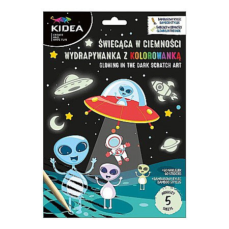 Carti de Colorat pentru copii - DE CARTE DE COLORAT SCRATCH ART BOOK 5 COLI + STICKERE COSMOS GLOW IN THE DARK KIDEA SCWKKKA