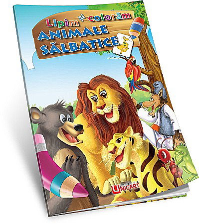 Carti de Colorat pentru copii - UP CARTE COLORAT A4 LIPIM SI COLORAM ANIMALE SALBATICE