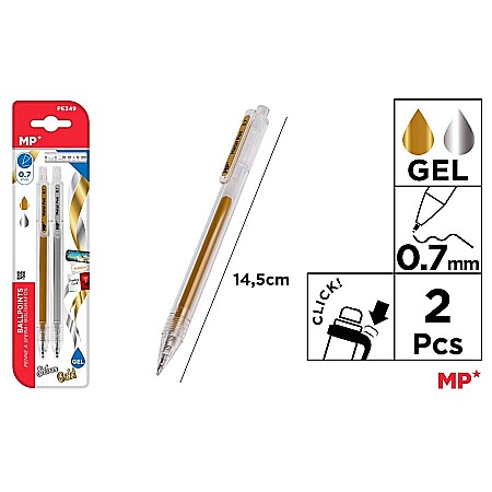 Pixuri cu gel - PIX CU GEL IPB 0.7MM CLICK AURIU-ARGINTIU 2/SET PE349