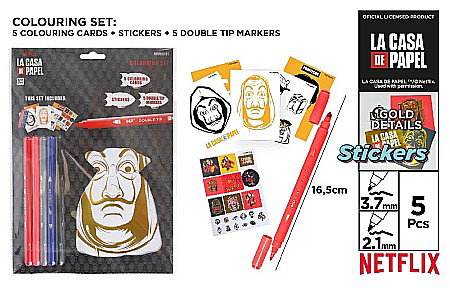 Seturi de colorat - SET DE COLORAT IPB LA CASA DE PAPEL CU STICKERE SI 5 CARIOCI CU 2 CAPETE NFCP013-01