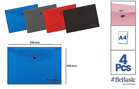 Mape tip plic cu capsa - MAPA PLASTIC BeBasic A4 CU BUTON 4/SET CULORI ASORTATE S033