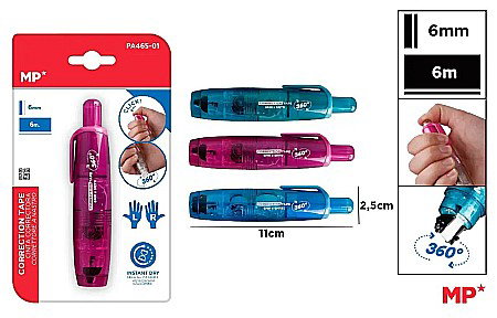 Corector fluid cu pasta corectoare - BANDA CORECTOARE IPB CU CLICK RETRACTABILA ROTATIVA 6MM*6M CULORI ASORTATE PA465-01
