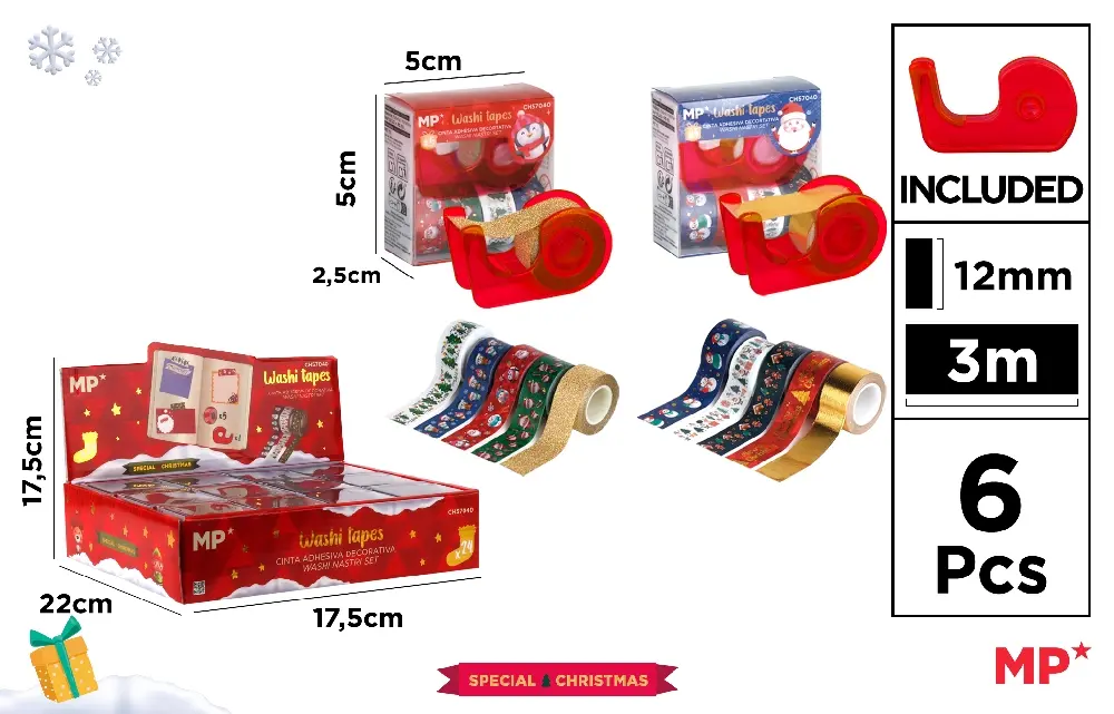 Fundite, Panglici , Benzi Craciun - BANDA ADEZIVA DECORATIVA CU DISPENSER IPB 6/SET MOTIV CRACIUN CH57040