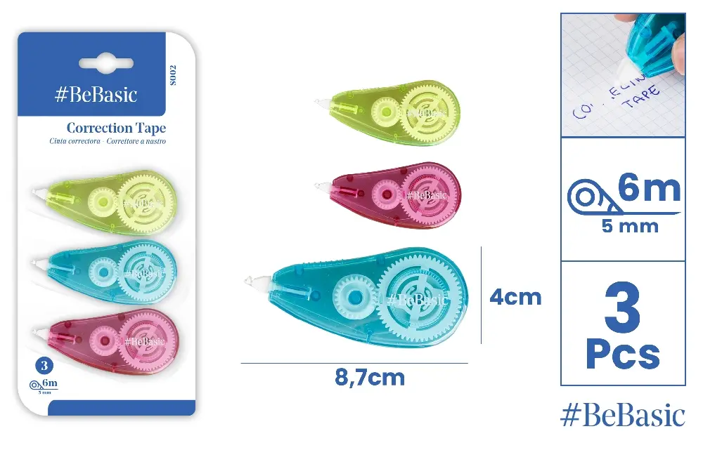 Corector fluid cu pasta corectoare - BANDA CORECTOARE BeBasic 5MM*6M 3/SET CULORI ASORTATE S002