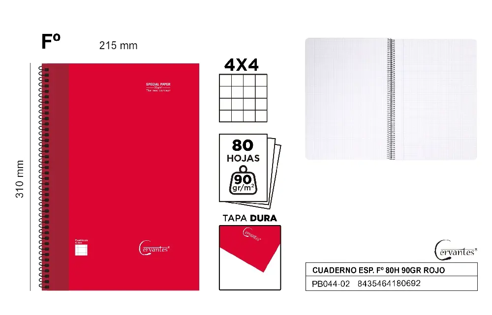 Caiete - CAIET A4+ IPB 80F, SPIRA, COPERTA CARTON ROSU, PATRATELE PB044-02