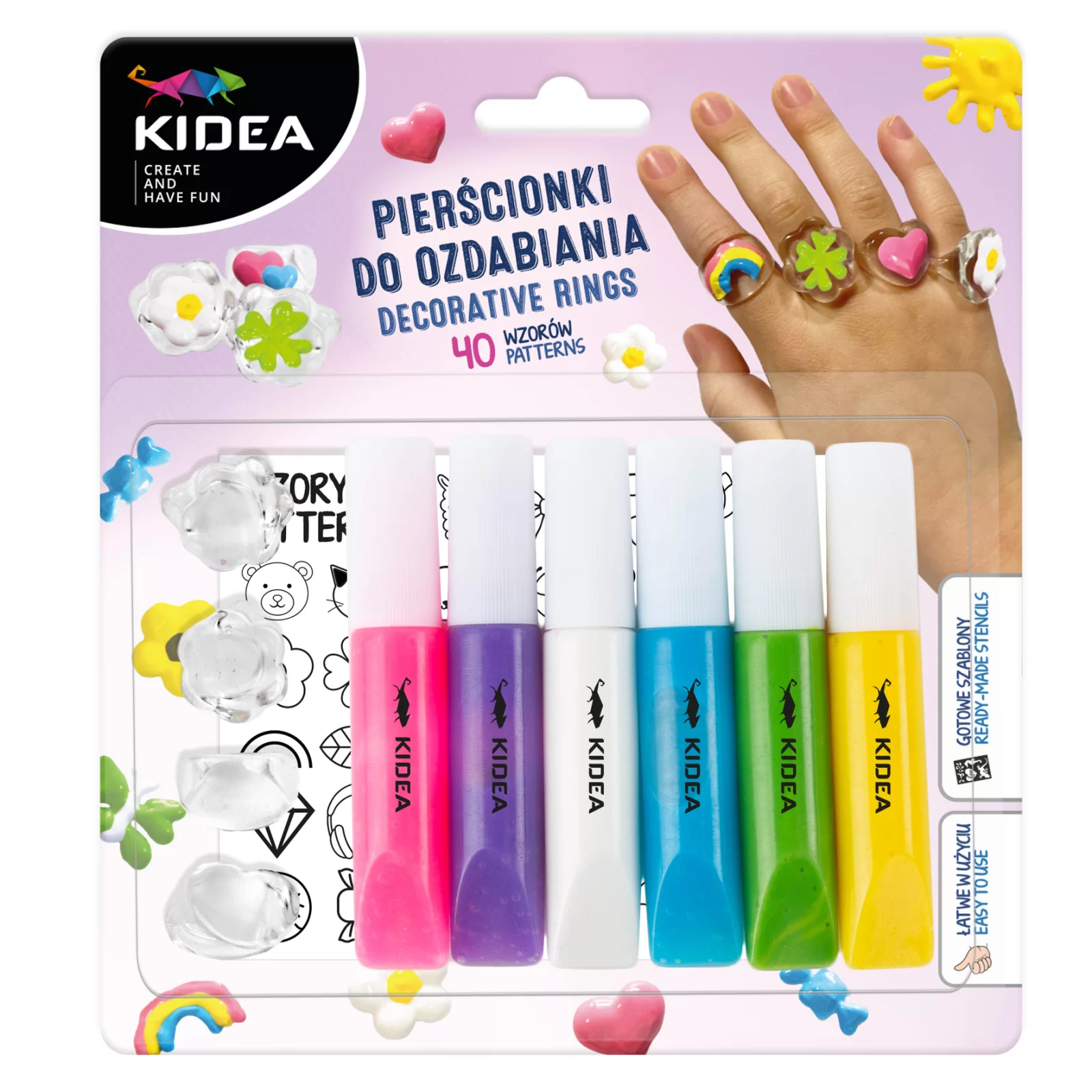 Seturi Creative pentru Copii - SET CREATIV INELE DECORATIVE , SABLON, 4 INELE, 6 CULORI GEL 3D, KIDEA PSDOKA