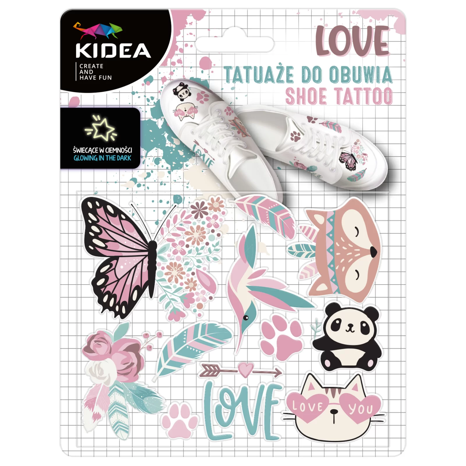 Etichete textile - DE STICKERE PENTRU PANTOFI, LOVE KIDEA, STRALUCESC LA INTUNERIC TZOLKA