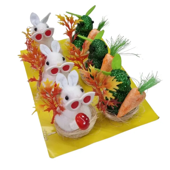 Decorațiuni pentru Masa de Paște și Coronițe Decorative - DECORATIUNE PASTE CUIB CU IEPURI SI MORCOVI 6/SET 32055/6