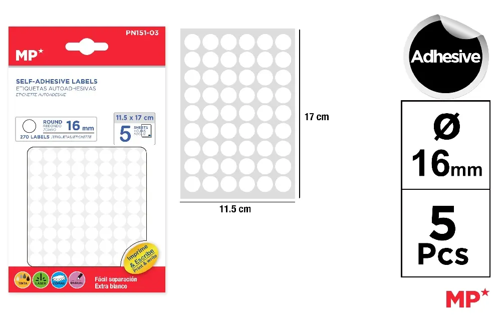 Materiale Didactice - ETICHETE ADEZIVE IPB 16MM 5 COLI/SET 270 BUCATI ROTUNDE PN151-03