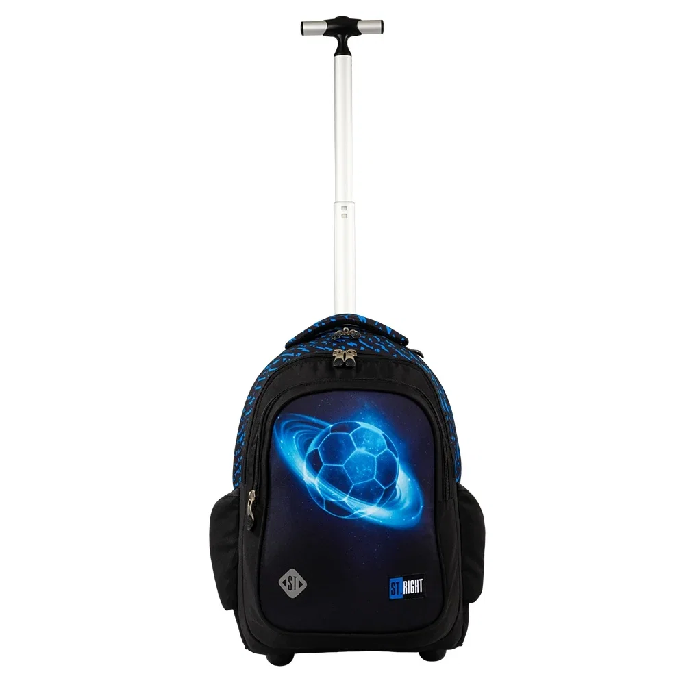 Ghiozdan troler St.Right Cosmic Soccer albastru cu negru, impermeabil și rezistent, pentru băieți din clasele 2, 3, 4 și 5-8, disponibil pe IPB. [7]