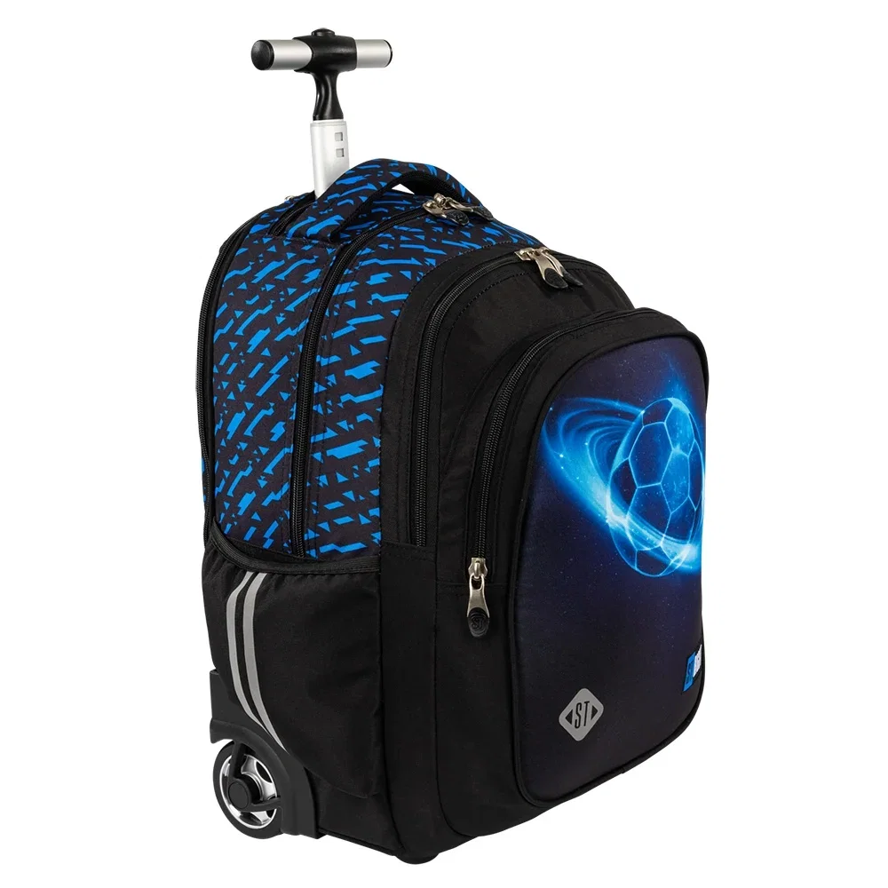Ghiozdane, Rucsacuri, Trolere - Ghiozdan troler St.Right Cosmic Soccer albastru cu negru, impermeabil și rezistent, pentru băieți din clasele 2, 3, 4 și 5-8, disponibil pe IPB.
