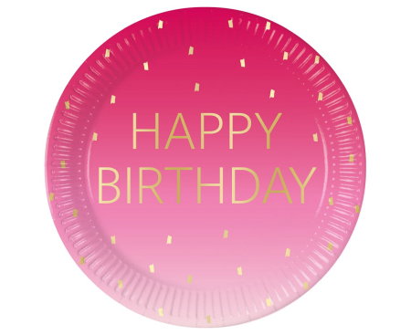 Farfurii/ Pahare/ Servetele/ Paie/ Tacamuri/ Fete masa - FARFURII CARTON Pink Happy Birthday, Decorata, FSC, 23cm, 8/set 96623