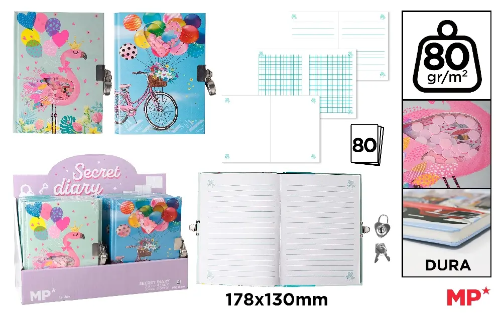 Jurnale cu cheita, lacat, magnet - JURNAL CU LACAT IPB 178*130MM 80F CERVANTES FLAMINGO PB891-09